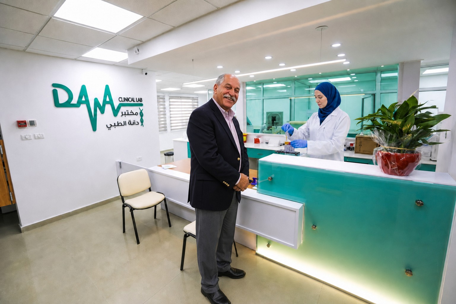 الدكتور خلف طاولة الاستقبال وأخصائية المختبر داخل مختبر دانة الطبي